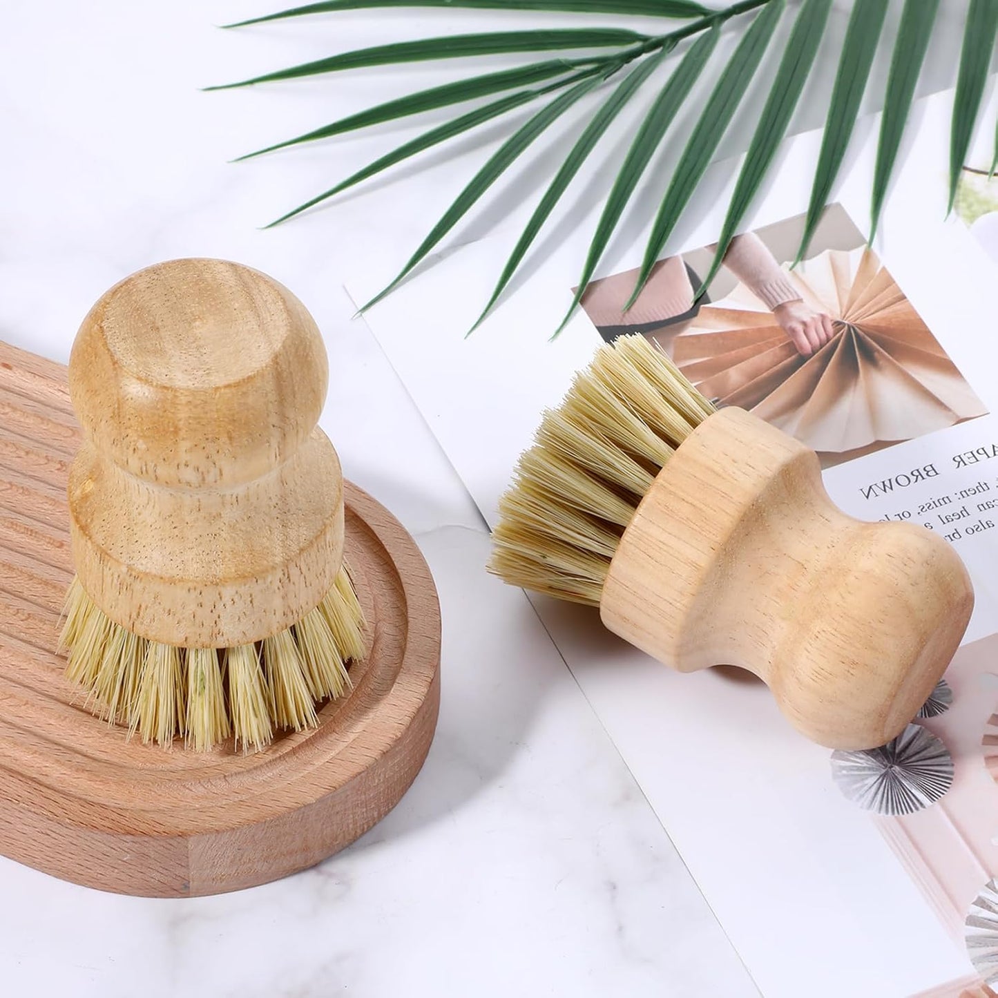 COMNICO 10 Pcs Bamboo Dish Scrub Brush Set, Mini Natural Wooden Scrubbers Set Round Dish Brush Vegetable Durable Scrubber Cleaning Kit for Cleaning Pot Pan Sink