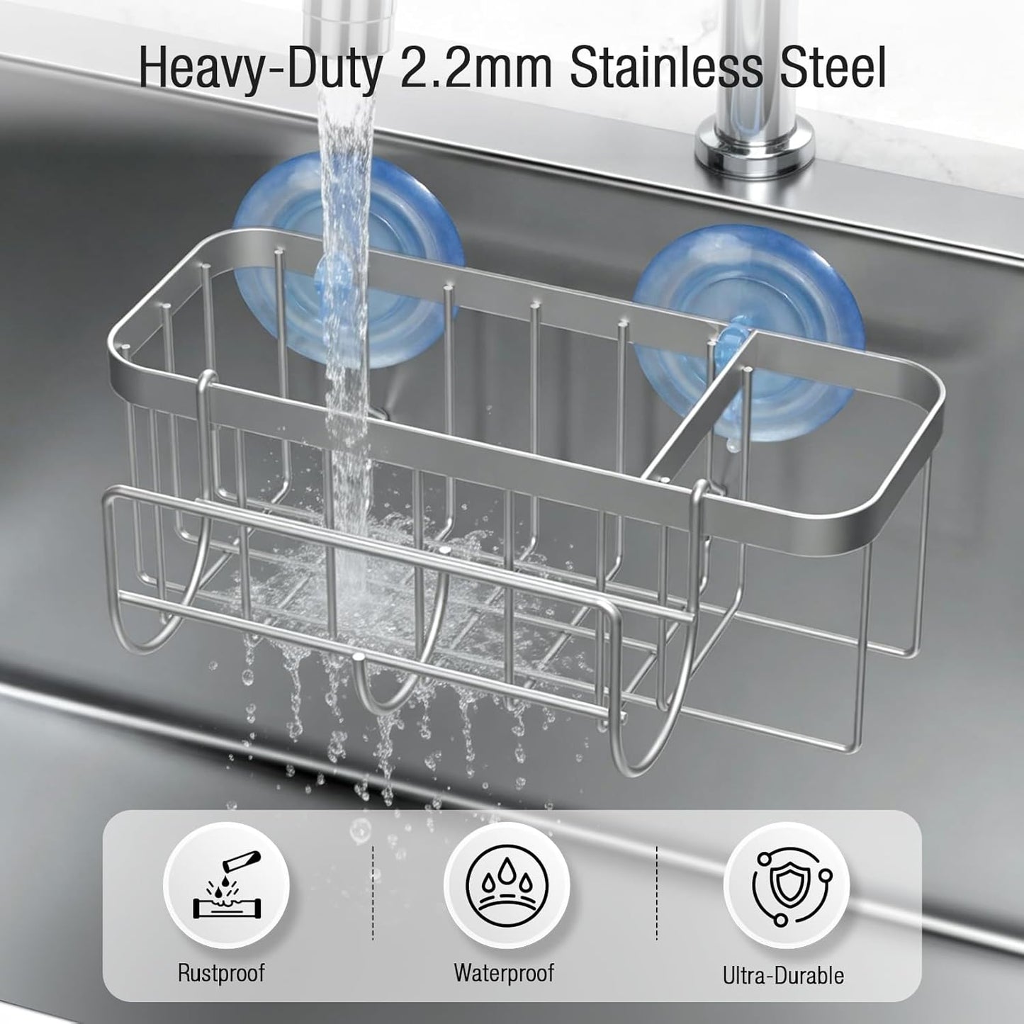 3-in-1 Kitchen Sink Caddy Organizer with Sponge Holder, Brush Holder, Extra Rack for Scrubber, Sink Stopper, Dish Cloth Hanger - Strong Dual Suction Cup, 2.0mm SUS304 Stainless Steel - Grey