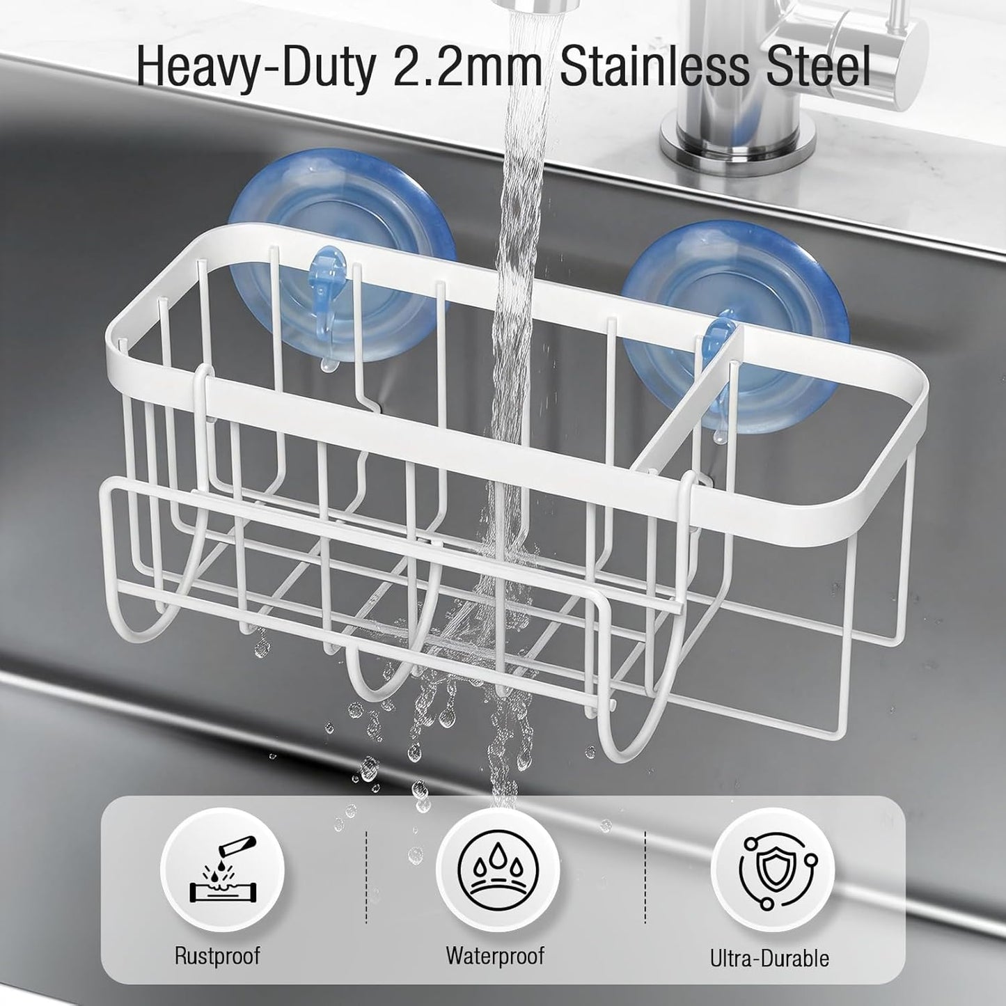 3-in-1 Kitchen Sink Caddy Organizer with Sponge Holder, Brush Holder, Extra Rack for Scrubber, Sink Stopper, Dish Cloth Hanger - Strong Dual Suction Cup, 2.0mm SUS304 Stainless Steel - Grey