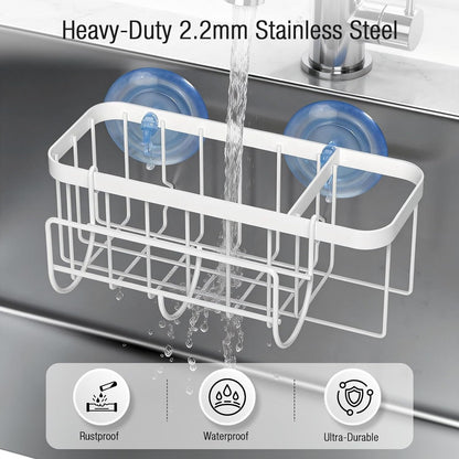 3-in-1 Kitchen Sink Caddy Organizer with Sponge Holder, Brush Holder, Extra Rack for Scrubber, Sink Stopper, Dish Cloth Hanger - Strong Dual Suction Cup, 2.0mm SUS304 Stainless Steel - Grey