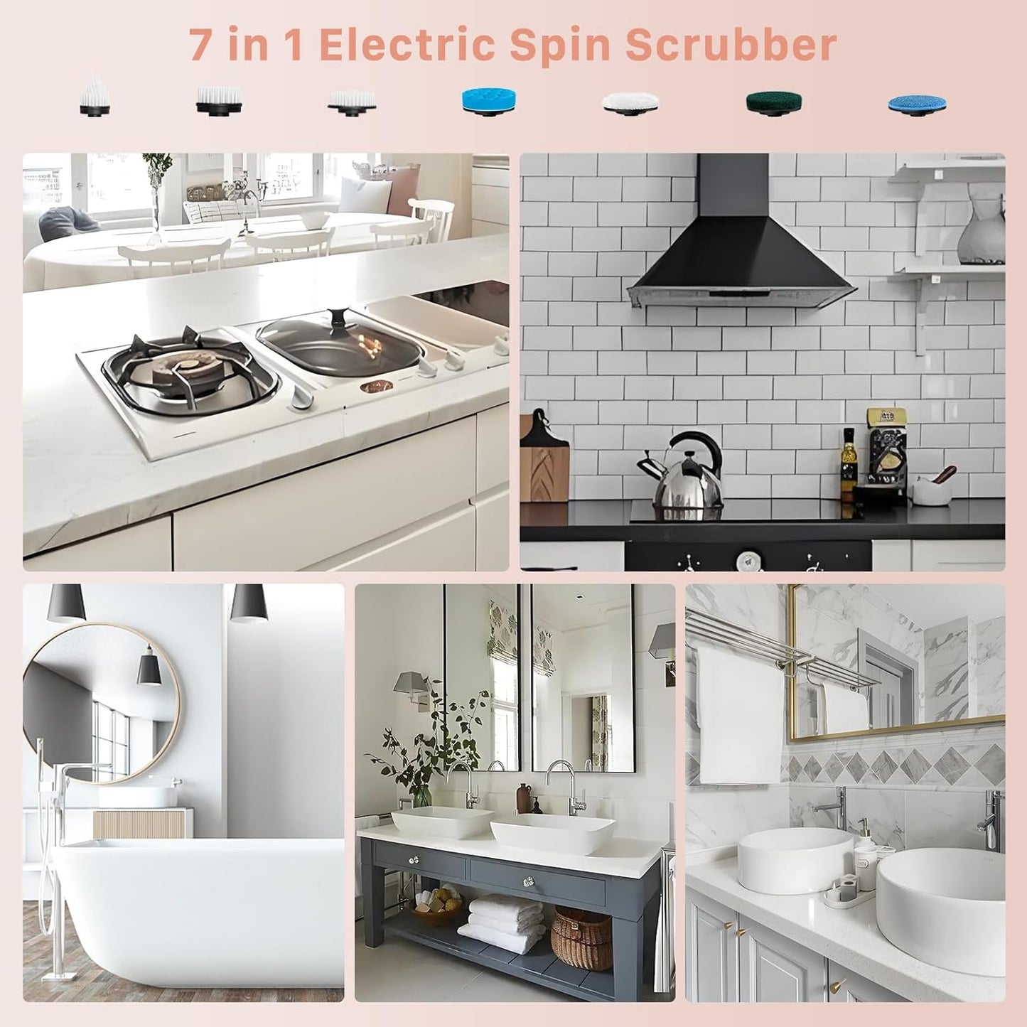 Electric Spin Scrubber, Hillyfe Bathroom Scrubber Electric with 7 Replaceable Brush Heads, IPX7 Waterproof,300/400 RPM, 3 Adjustable Length,Scrubber Brush Electric for Bathtub Floor,White