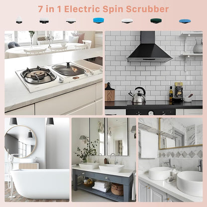 Electric Spin Scrubber, Hillyfe Bathroom Scrubber Electric with 7 Replaceable Brush Heads, IPX7 Waterproof,300/400 RPM, 3 Adjustable Length,Scrubber Brush Electric for Bathtub Floor,White