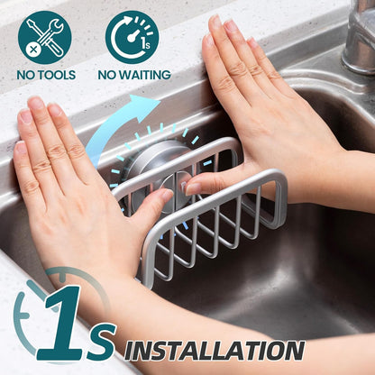 TAILI 4-in-1 Sink Caddy with Strong Suction Cup, Sponge Holder for Kitchen Sink Organizer, Removable, Rustproof, Stainless Steel Holder for Sponge, Brush, Scrubber, Scraper - Silver