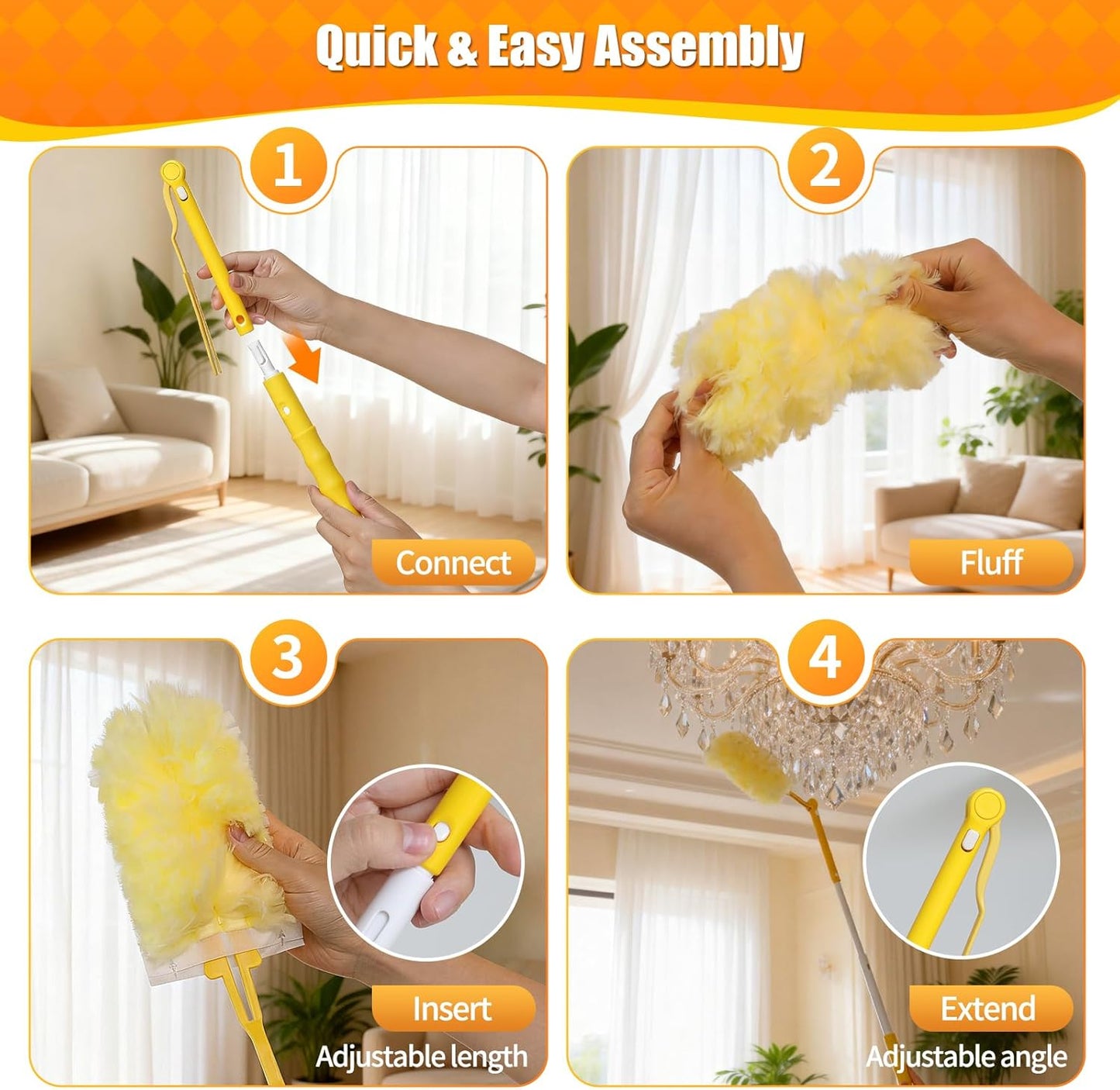 80 Count Duster Refills with 1 Short Handle & 3 ft Extendable Handle, Compatible with Swiffer Duster, 180° Disposable Microfiber Cleaning Dusters, Unscented