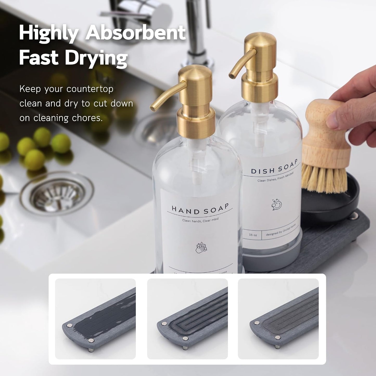[Luxury] Kitchen Soap Dispenser Set - 16OZ Amber Glass Bottle, Stainless Steel Pump, Instant Dry Tray, Waterproof Labels, Non-Slip Silicone Pad, and Dish Brush | Upgrade for Your Kitchen and Bathroom