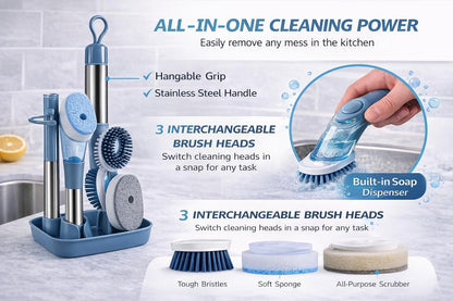 Soap Dispensing Dish Brush Set with Holder - 3 Replaceable Heads (Sponge, Scrubber, Brush) - Long Handle Kitchen Cleaning Brush for Pots, Pans, Sink & Dishes - Non-Slip Grip (Blue)