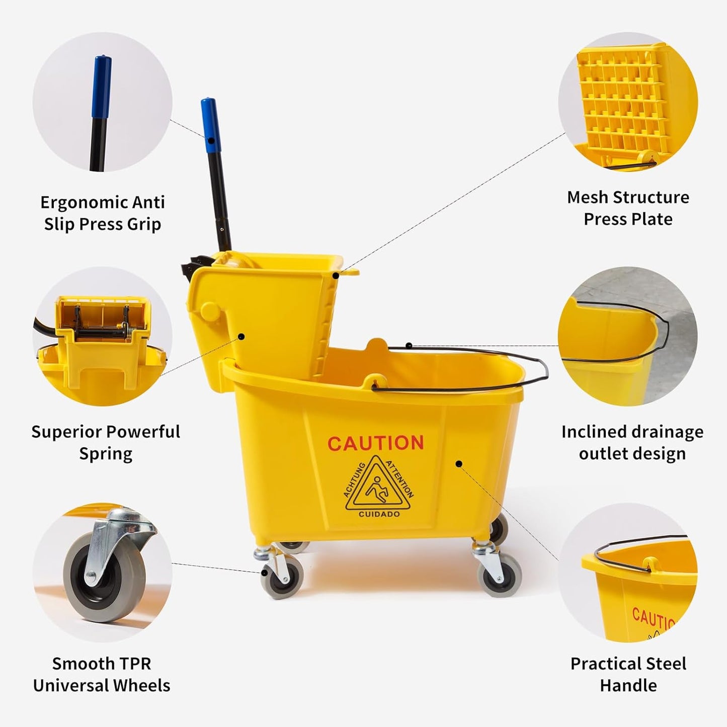 Mop Bucket with Wringer, 22 Qt (5.5 Gallon), Floor Cleaning, Handle, Wheels, 16.5" L x 10.6" W x 26.4" H, Yellow,Plus One Cotton Mop