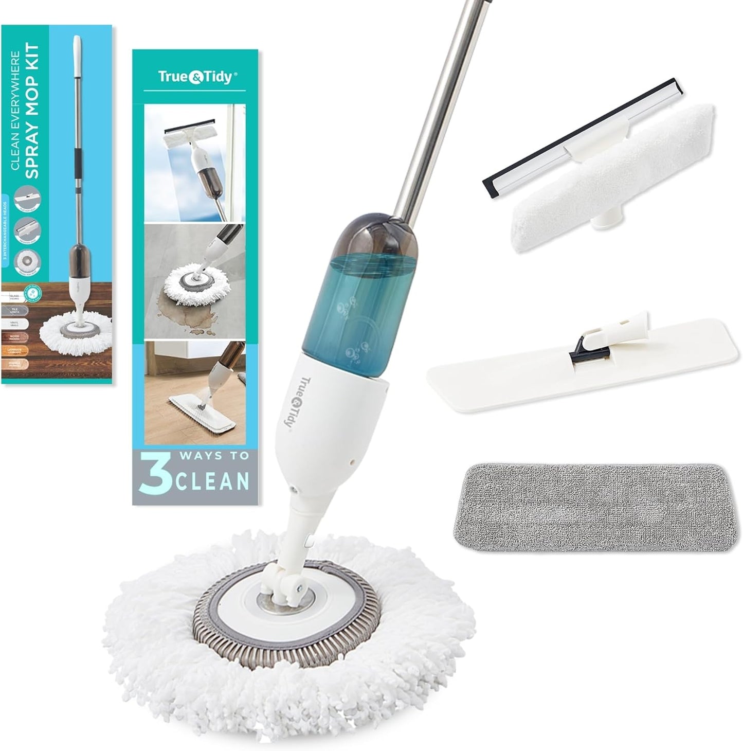 True & Tidy® Clean Everywhere Spray Mop Kit with 3 Interchangeable Heads & Refillable Tank - Flat, Round, Squeegee (Pink)