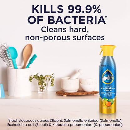 Pledge Antibacterial Multisurface Cleaner Spray, Wood Furniture, Stainless Steel, and Electronics Cleaner, Sanitizes as Cleans, Remove Dust and Messes - Fresh Citrus Scent, 9.7oz