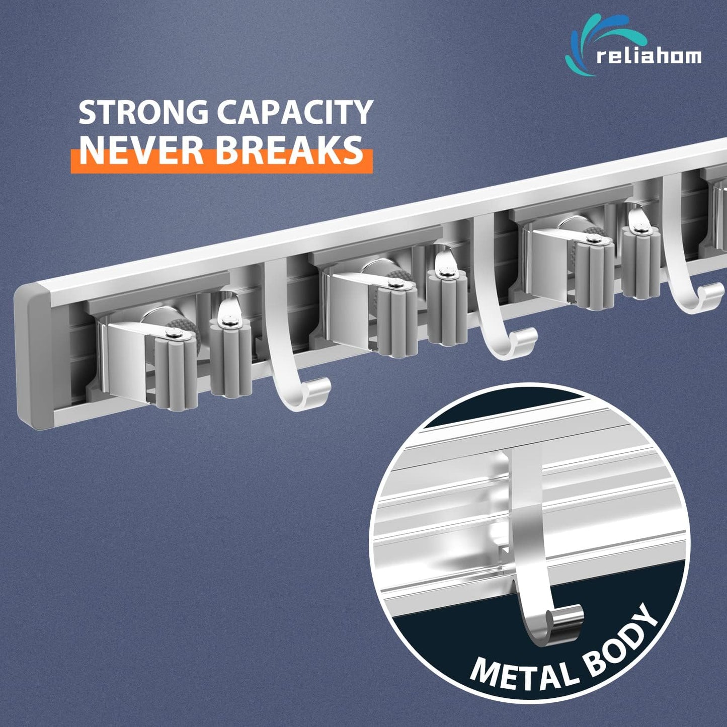 reliahom Adjustable Broom Holder Wall Mount, Mop Storage Tool Racks, Broom Hanger Tool Organizer for Garage, Kitchen, Garden, Laundry Room, 4 Racks 5 Hooks Silver