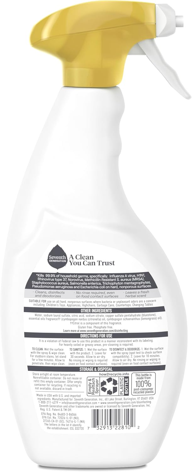 Seventh Generation All Purpose Cleaning Spray Surface Cleaner Lemon Chamomile scent Cuts Grease 23 oz, Pack of 4