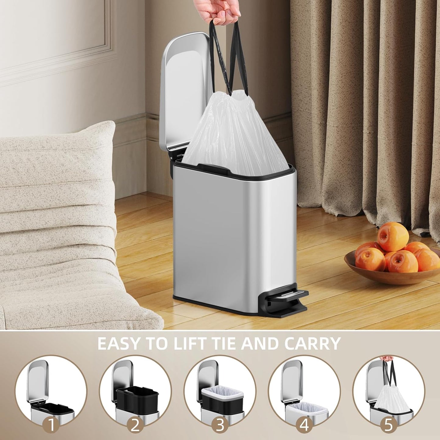 120 Counts 1.6 Gallon Mini Drawstring Trash Bags, Small Garbage Bags by KSSKSS, Code a fit 4.5-8 Liter, 1.2-2 Gal, White Trash Bin Liners for Home Office Kitchen Bathroom Bedroom