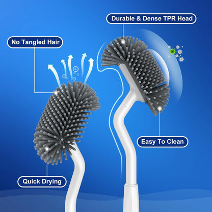 HAMITOR Toilet Bowl Brush Holder Set: Deep Cleaning Silicone Toilet Cleaner Scrubber Under Rim with Curved Bristle for Bathroom Dead Corner Clean - Modern Rv Toilet Decorative Accessories - Gray