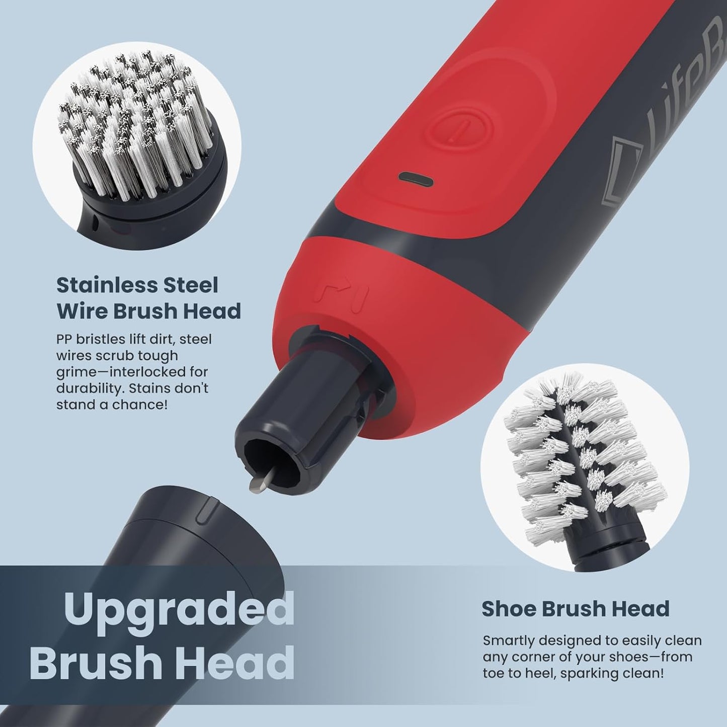 LifeBasis Rechargeable Power Scrubber 11-Piece Kit, Cordless Electric Cleaning Brush, IPX7 Waterproof Electric Grout Brush for Home, Kitchen, Bathroom, Grout, Tile, Shower, Tub, Red