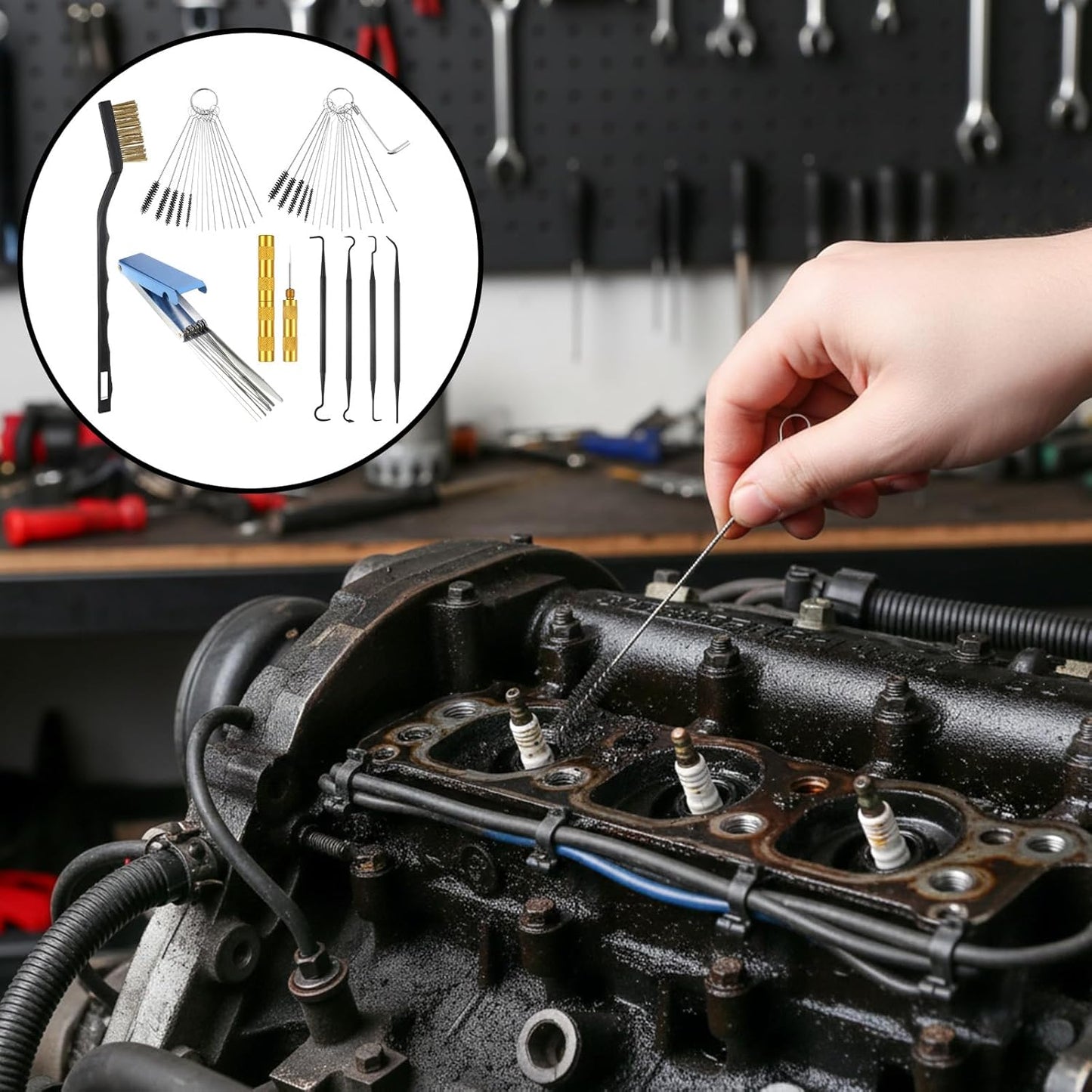 Carburetor Cleaner Kit, Stainless Steel Torch Tip Cleaner with 1 Single Head Brush 20 Cleaning Needles 10 Nylon Brushes 1 Hexagonal Wrench 1 Scraper and 4 Cleaning Hooks 1 Case for Motorcycle ATV