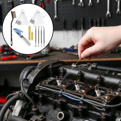 Carburetor Cleaner Kit, Stainless Steel Torch Tip Cleaner with 1 Single Head Brush 20 Cleaning Needles 10 Nylon Brushes 1 Hexagonal Wrench 1 Scraper and 4 Cleaning Hooks 1 Case for Motorcycle ATV