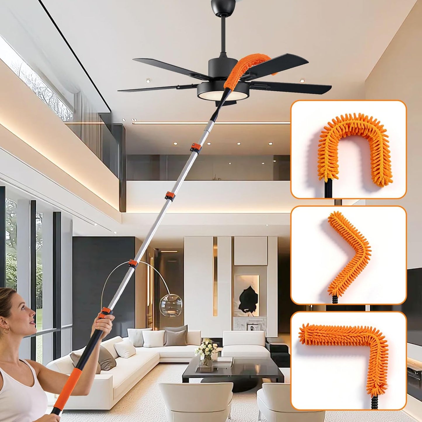 26FT High Reach Duster Kit with 5-20FT Flip-Lock & Screw Dual Locking Extension Pole, Cobweb Duster, Washable Ceiling Fan Cleaner & Window Squeegee for Glass & High Roof