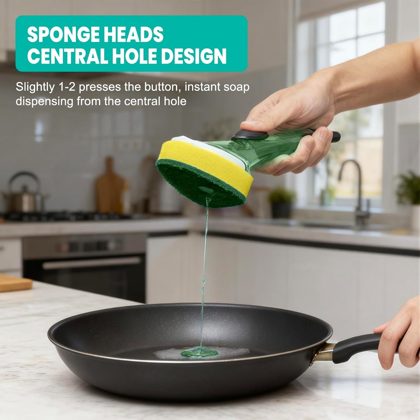 Dishwand with Refills, Dish Wand with Handle Replacement Sponge Heads, Non Scratch Soap Control Leak-Proof Dispenser Scrub,Heavy Duty Advanced Scrubber Brush Pads for Cleaning Dishes Sink Washing Tool