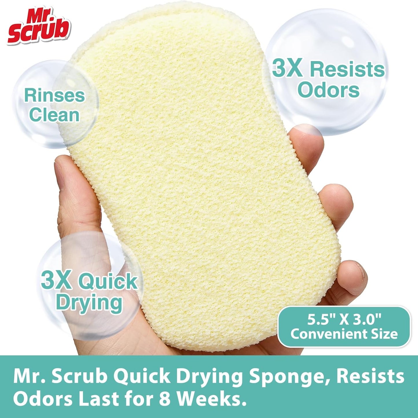 Mr. Scrub Kitchen Sponges, Dish Scrub Sponge 12 Pack Odor-Resistant, Quick-Drying, Non-Scratch for Washing Dishes, Pans, Pots & Nonstick Cookware