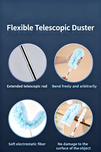 Heavy Duty Duster Refills, Disposable Dusters Kit for Cleaning Dusting Furniture Blind Ceiling Fan, Multi Surface 360 Feather Duster(10)+3FT Extended Handle（1） (Navy Blue)