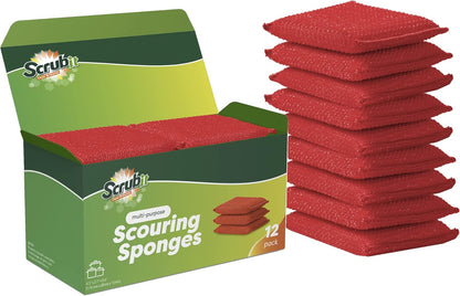 SCRUBIT Multi-Purpose Dish Scrub Sponge, Non Scratch Scouring Pads, Cleaning Sponges for pots & Dishes - Pot Scrubber Sponges for Kitchen & Bathroom - 12 Pack Dish Sponge (Blue,Red,Green)