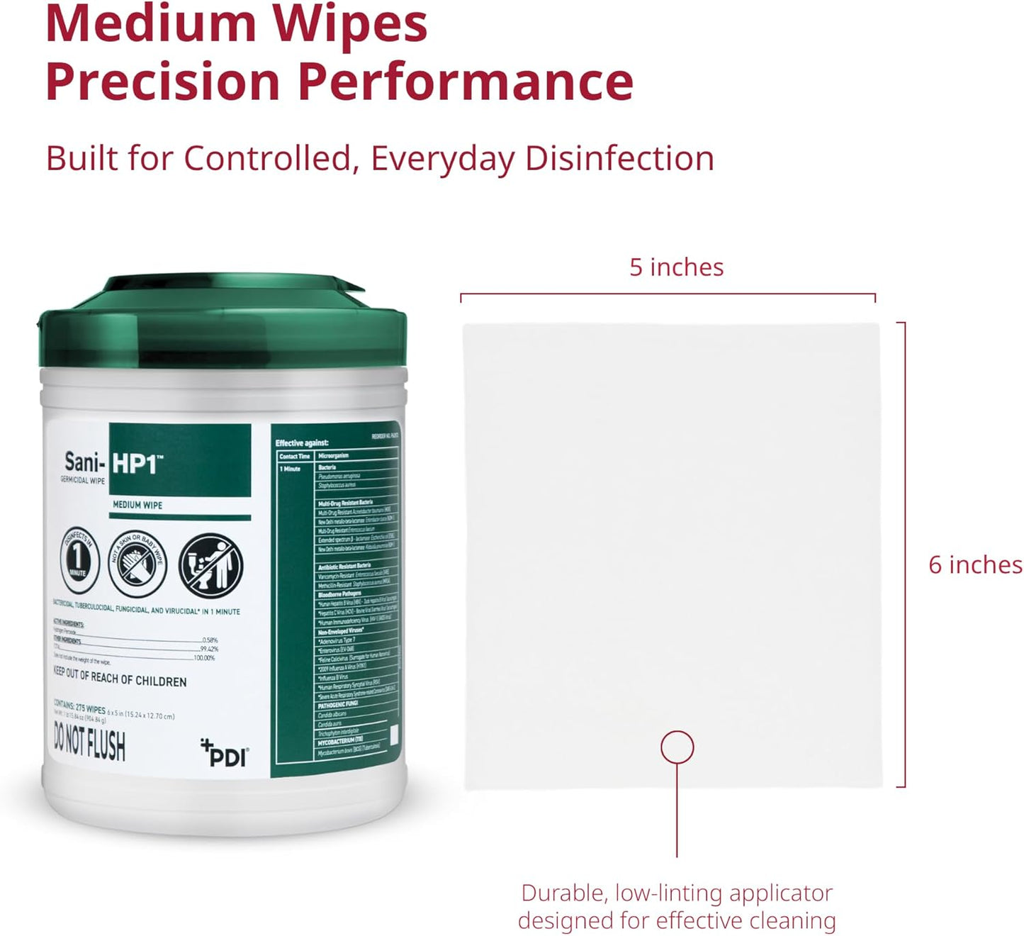 Sani-HP1 Hydrogen Peroxide Disinfectant Wipes, 275 Count Canister, 6" x 5" Wipes, 1-Minute Contact Time, No PPE Required, Hard Surface Cleaning Wipes for Healthcare and Home
