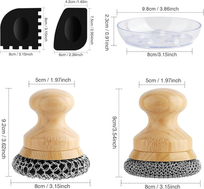 Cast Iron Scrubber and Scraper,Chain Mail Cleaner with Bamboo Handle & Draining Tray,316 Stainless Steel Brush for Cleaning Pots,Pans,Wok,Bakeware,Griddles, Grills,Dishes (Small Chain Mail)