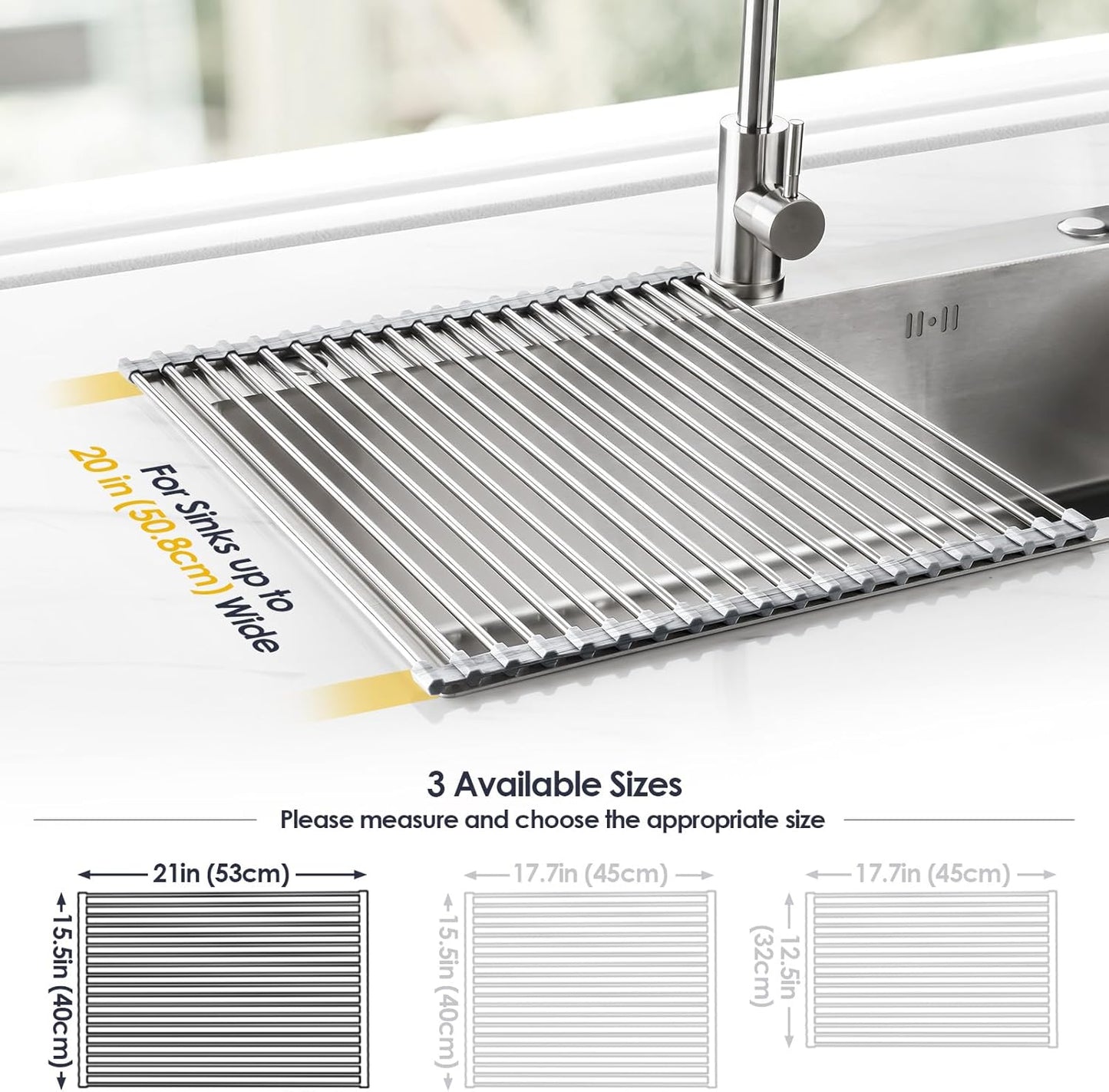Tomorotec 17.7" x 15.5" Roll Up Dish Drying Rack Over Sink Drying Rack Sink Cover Kitchen Sink Accessories Gadget Multipurpose Organizer Foldable Stainless Steel Drainer (Grey)