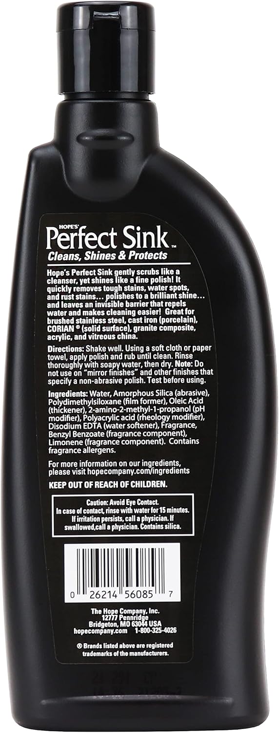 HOPE'S Perfect Sink Cleaner and Polish, Restorative, Removes Stains, Cast Iron, Corian, Composite, Acrylic, 8.5 Fl Oz