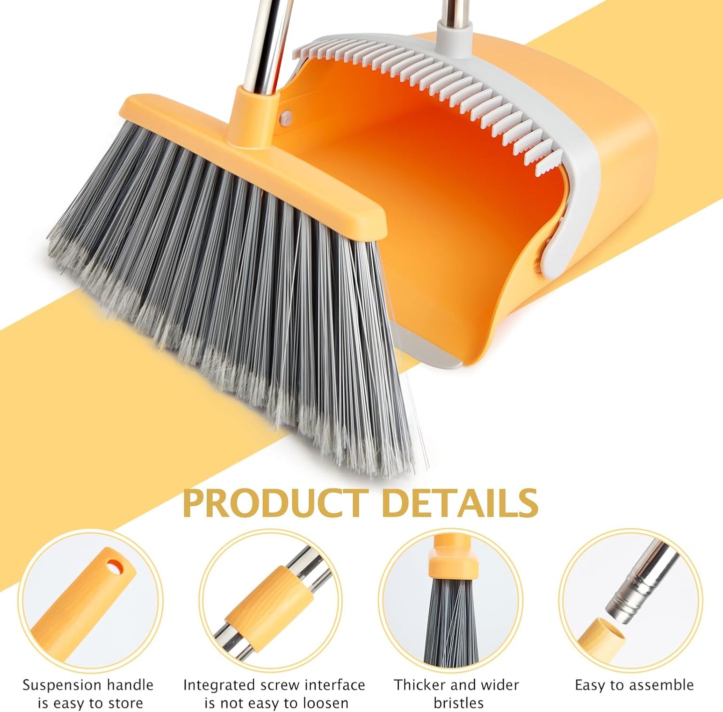 Broom and Dustpan Set, Long Handle Lightweight Dustpans with Broom Combo for Home, Indoor&Outdoor Sweeping for Home Room Kitchen Office Lobby (Charcoal)