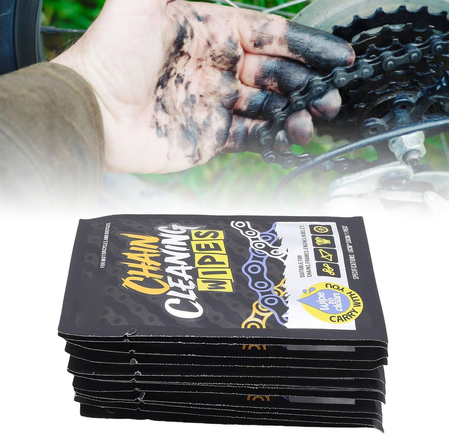 SUNGOOYUE 12pcs Chain Cleaning Wipes, Bike Motorcycle Wipes Individually Packaged Quick Effective Cleaning for Bike Chains Frames Engines Wheels