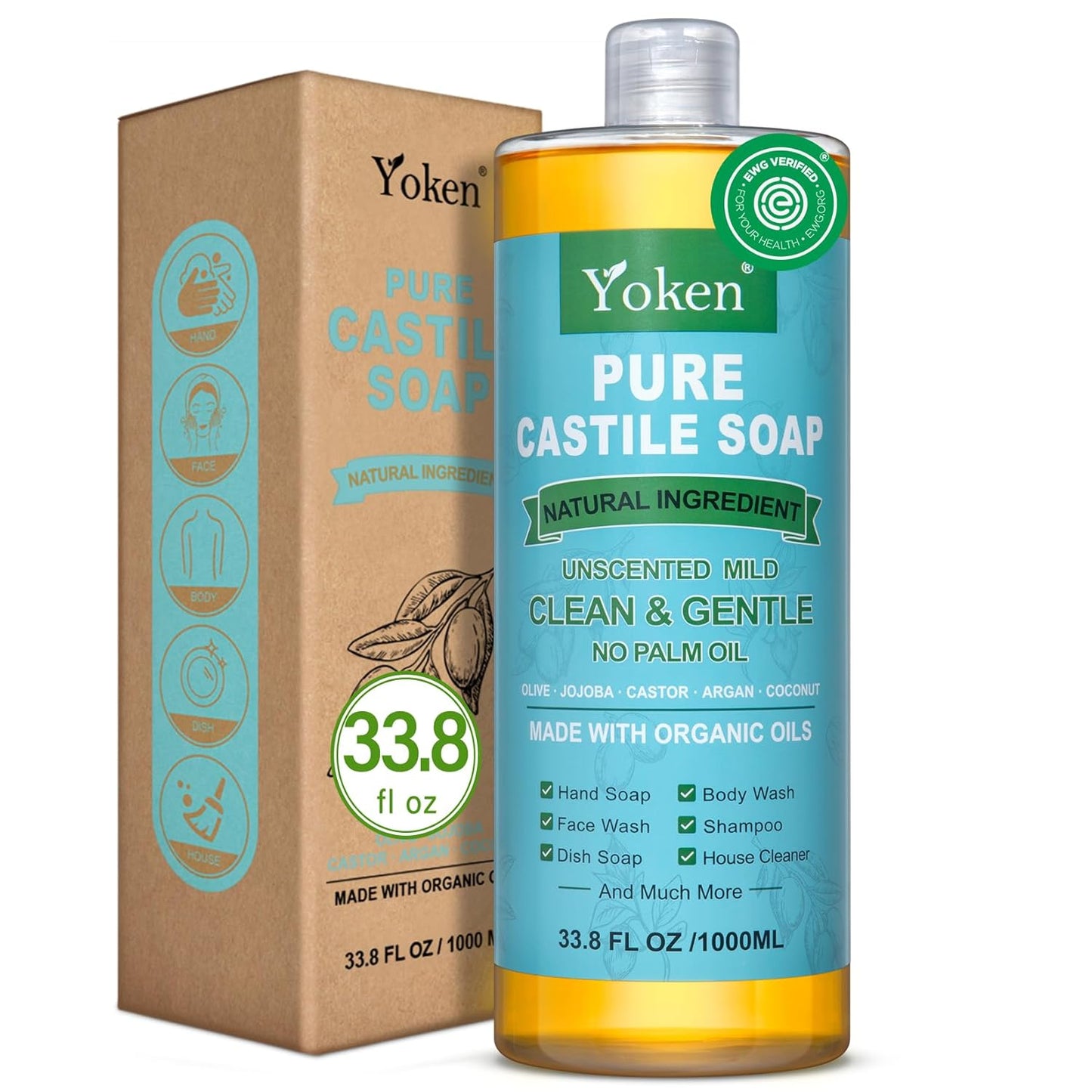 Yoken Castile Soap Liquid EWG Verified(1 Gallon, Unscented) Pure-Castile Liquid Soap for Body, Face, Hand, Pets, Laundry, Dish Soap and More - Made With Organic Oil, Vegan, Clean & Gentle, Versatile