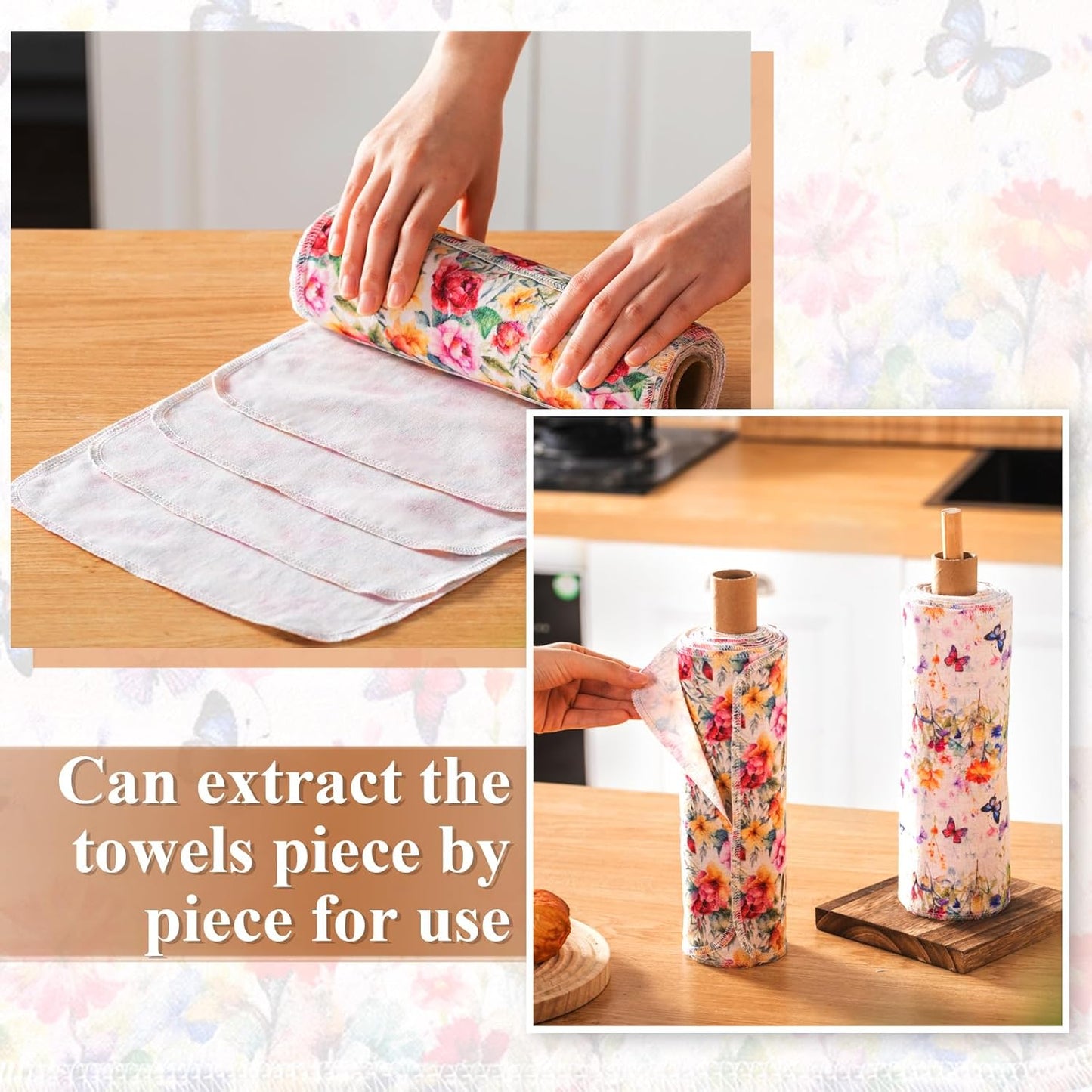 Redbaker 50 Pcs Reusable Paper Towels Paperless Reusable Cotton Cloths Toilet Absorbent Washable Paper Towels with Roll Kitchen Dishcloth for Kitchen Paperless Dishcloths(Stripe)