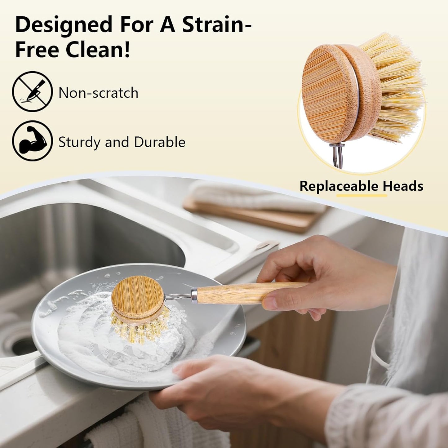 5 Pack Bamboo Dish Brush Set, Wooden Dish Brush with 14’’ Bottle Brush, Natural Kitchen Scrub Brush for Dishes Pots, Pans, Sinks, Woks, Vegetables