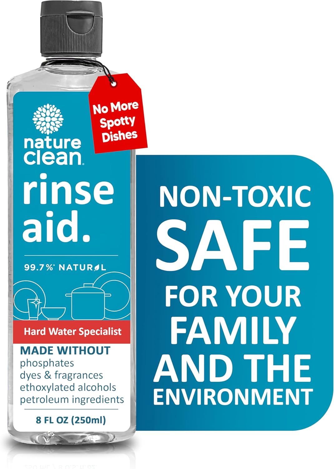 Nature Clean All Natural Dishwasher Rinse Aid Cleaner, Liquid Dishwasher Rinse Agent for Spot-Free Glass & Cutlery in Hard Water, Non Toxic Dish Washer Rinse Aid & Stain Remover, 8 oz/250ml, Pack of 1