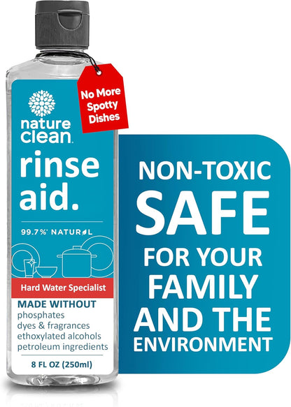 Nature Clean All Natural Dishwasher Rinse Aid Cleaner, Liquid Dishwasher Rinse Agent for Spot-Free Glass & Cutlery in Hard Water, Non Toxic Dish Washer Rinse Aid & Stain Remover, 8 oz/250ml, Pack of 1