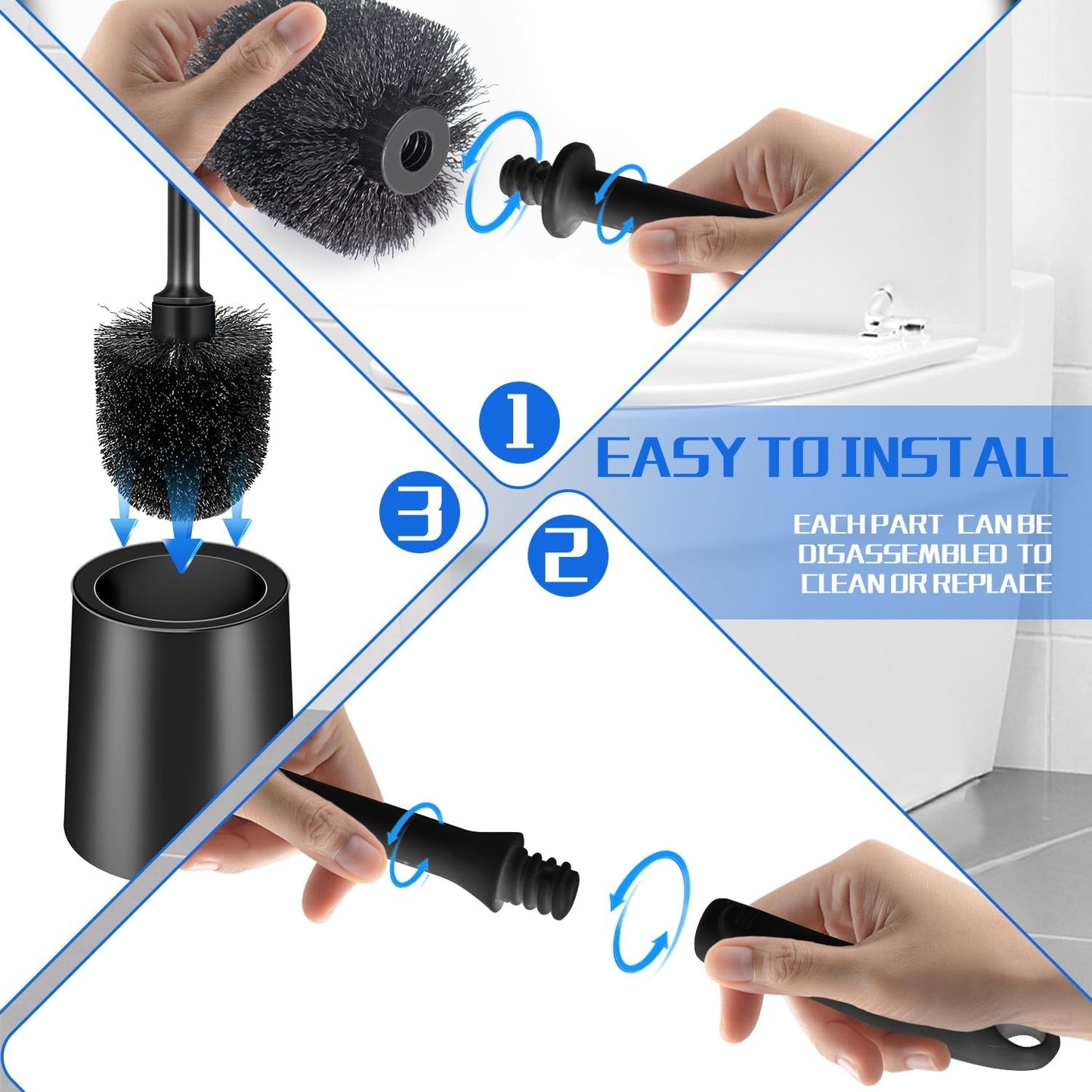 AONEZ Toilet Brush and Holder Set, 2 Pack Long-Handle Toilet Brush, Non-Slip Grip, Nylon Bristles, Deep Cleaning for Bathroom, Toilet Scrubber- Black