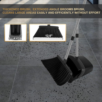 Broom and Dustpan Set, Upright Purple Broom with Dustpan Combo Set 51" Long Handle, Self Cleaning Dust Pan for Home, Kitchen and Office