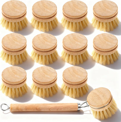 12-Piece Wooden Kitchen Dish Brush Set with One Bamboo Handle & 11 Replacement Heads, Natural Fiber Scrubber for Pots Pans Bottles Vegetables Cleaning