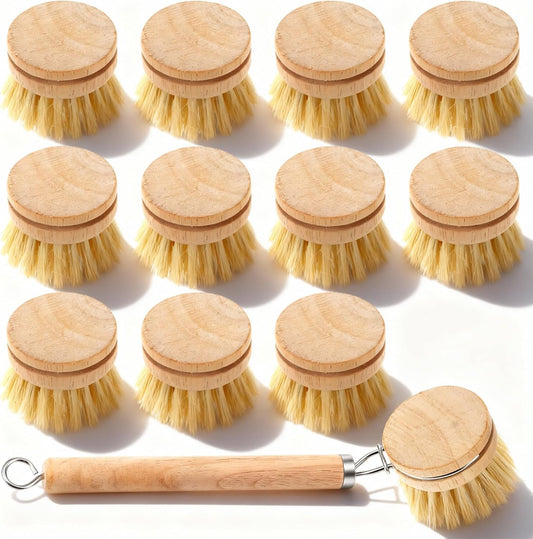 12-Piece Wooden Kitchen Dish Brush Set with One Bamboo Handle & 11 Replacement Heads, Natural Fiber Scrubber for Pots Pans Bottles Vegetables Cleaning