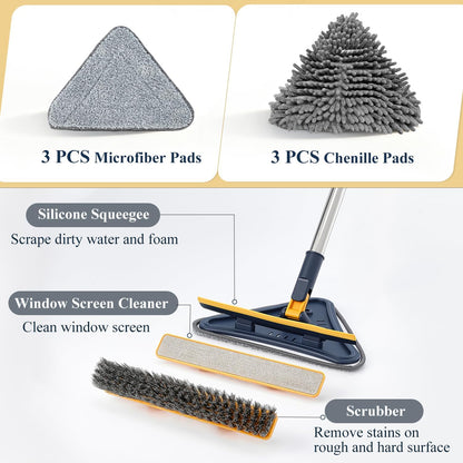 Base Board Cleaner Tool with Handle, 360 Rotating Wall Cleaner Mop, 180 Folding Ceiling Tool Duster with Squeegee for Cleaning Wall, Ceiling, Window, Floor, 8 Replacement Cleaning Pads