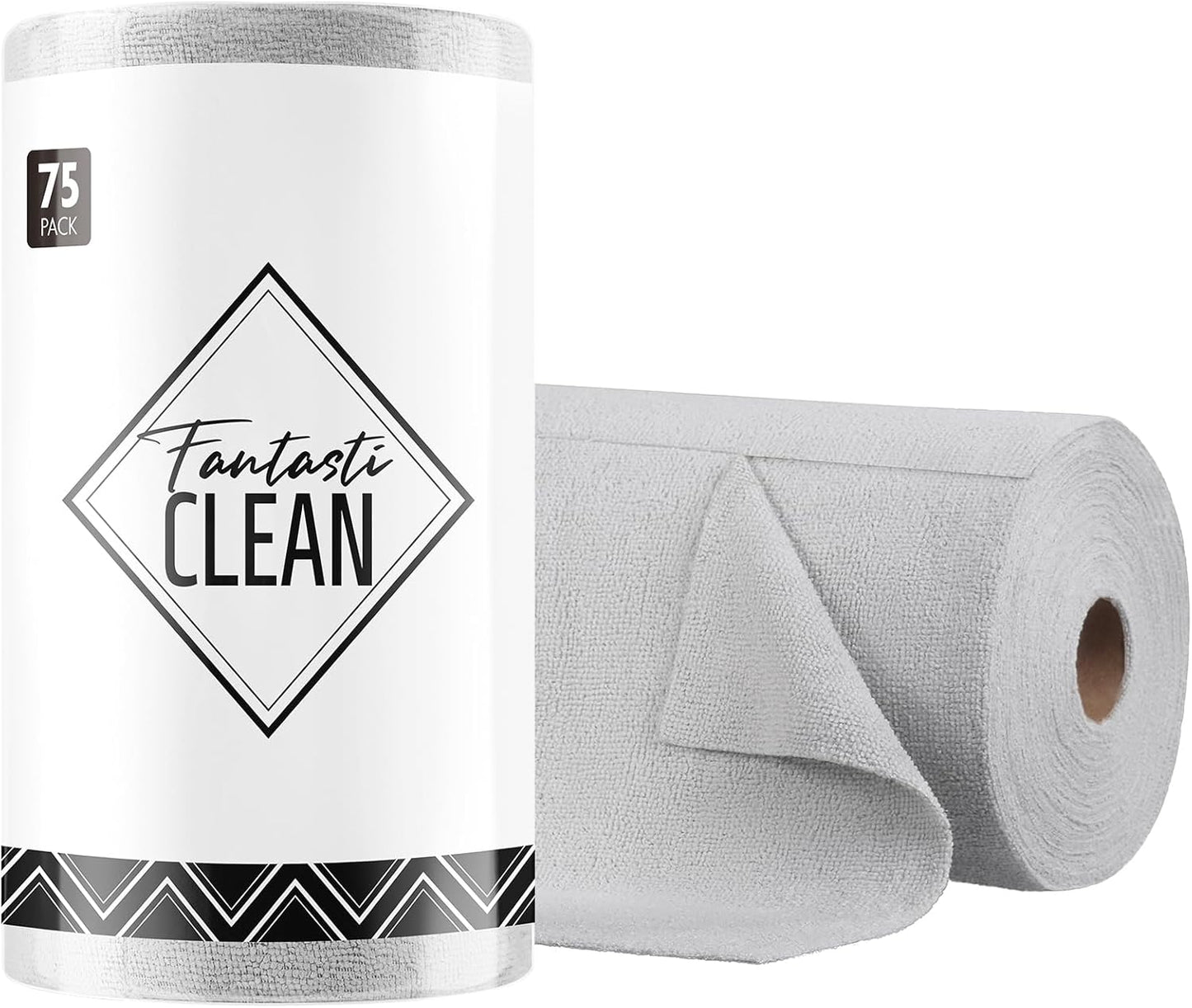 Fantasticlean Microfiber Cleaning Cloth Roll -75 Pack, Tear Away Microfiber Towels, 12" x 12", Reusable, Washable, Scratch Free, Ultra Absorbent Dishcloth for All-Around Cleaning Supplies (White)