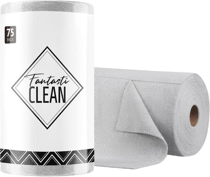 Fantasticlean Microfiber Cleaning Cloth Roll -75 Pack, Tear Away Microfiber Towels, 12" x 12", Reusable, Washable, Scratch Free, Ultra Absorbent Dishcloth for All-Around Cleaning Supplies (White)