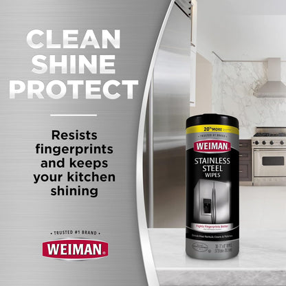 Weiman Stainless Steel Cleaner, 30 Count Wipes, Anti-Fingerprint, Removes Grease, Water Spots, Streaks & Residue, Polishing Cleaner Safe for Appliances, Chrome, Sinks & Grill Exteriors