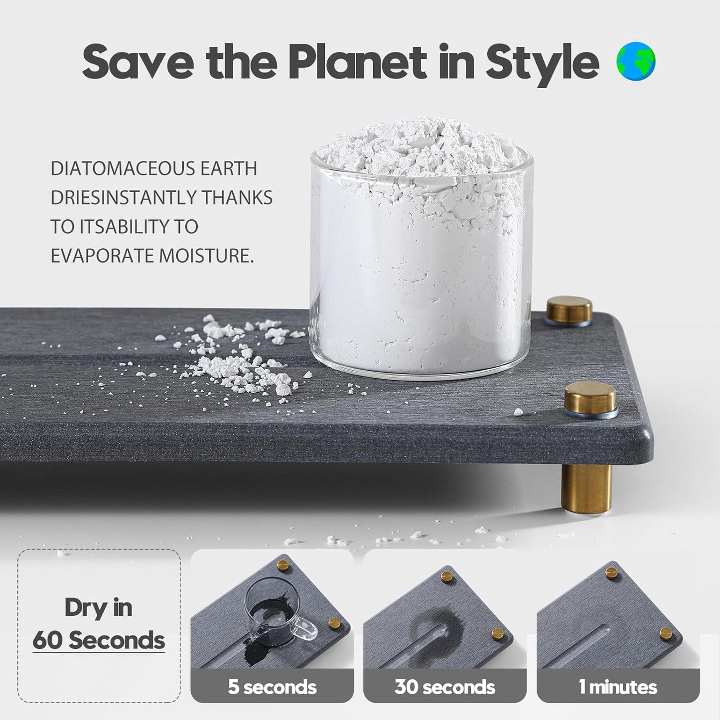 Razborci Water Absorbing Stone Sink Caddy, Diatomite Kitchen Sink Organizer, Bathroom Counter Tray, Faucet Drying Mat Coaster Soap Dish Rack Riser Dispenser Sponge Holder, Silver, White 10" x 4"