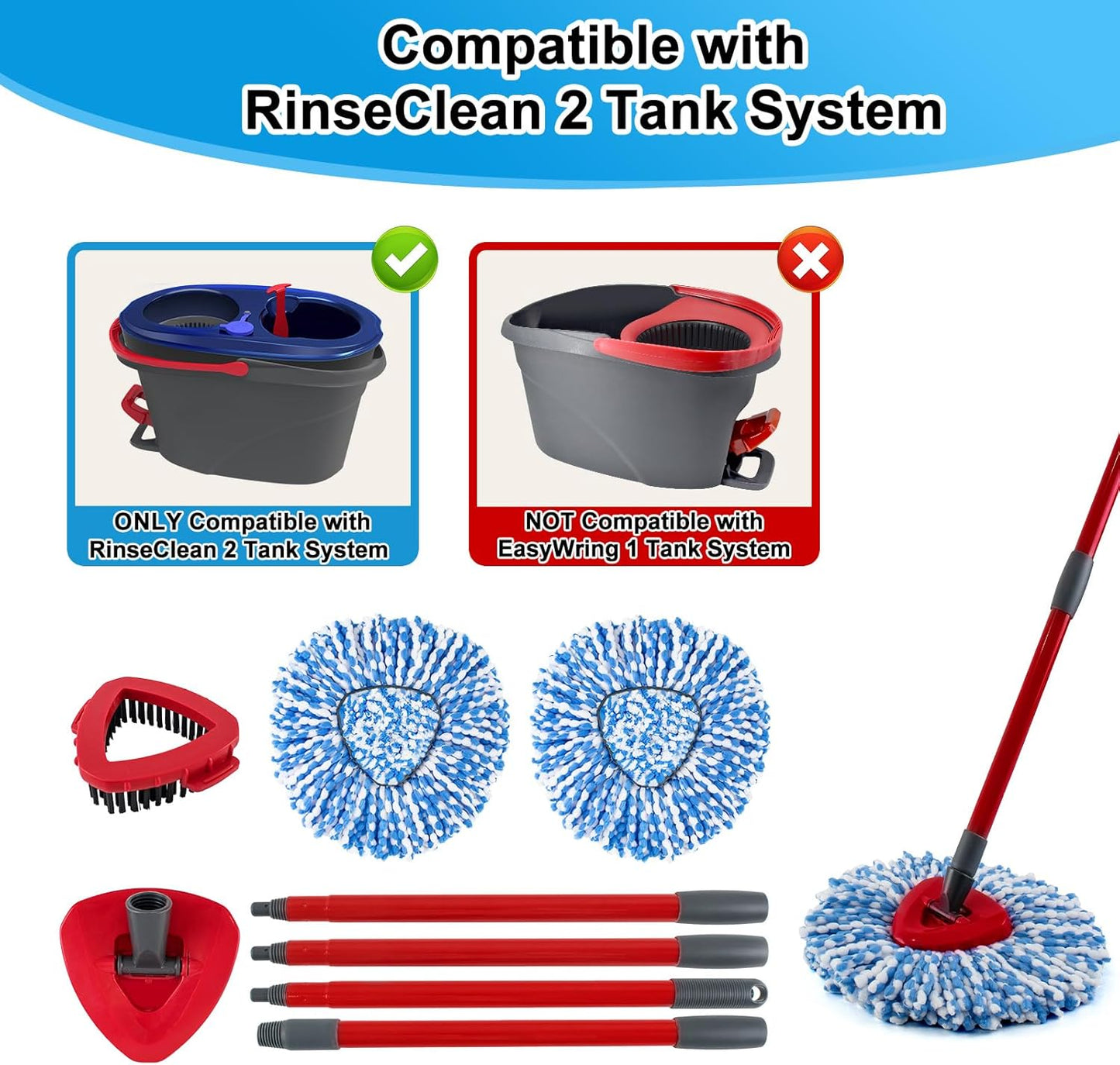 Spin Mop Handle, Mop Replacement Head,Brush,Base Compatible with OCedar EasyWring 1 Tank,2 Microfiber Mop Refills,1 Mop Base,1 Brush and 30-58" Mop Handle Combo Set for OCeda,Use for Floor Cleaning