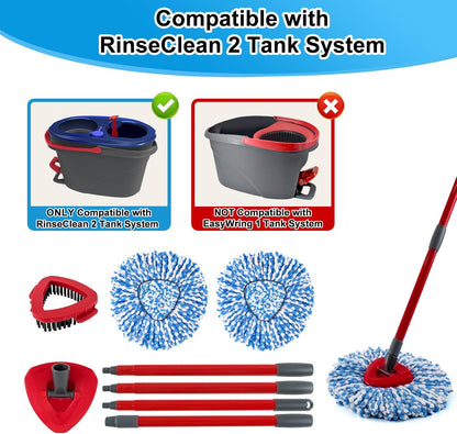 Spin Mop Handle, Mop Replacement Head,Brush,Base Compatible with OCedar EasyWring 1 Tank,2 Microfiber Mop Refills,1 Mop Base,1 Brush and 30-58" Mop Handle Combo Set for OCeda,Use for Floor Cleaning