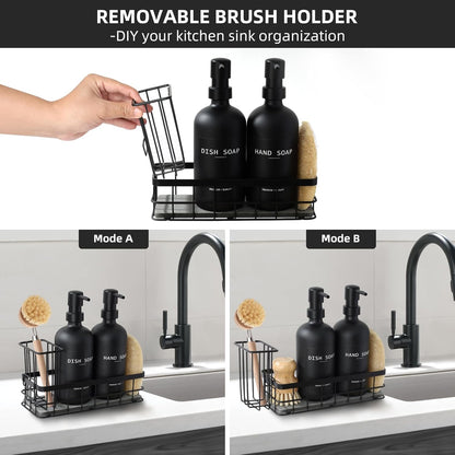 Dish Soap Dispenser for Kitchen, 16.9 fl oz Amber Hand and Dish Soap Dispensers, Kitchen Soap Dispenser Set with Sponge Holder, Brush Holder and Loofah Sponge, Countertop Sink Organizer Accessories