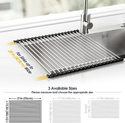Tomorotec 17.7" x 15.5" Roll Up Dish Drying Rack Over Sink Drying Rack Sink Cover Kitchen Sink Accessories Gadget Multipurpose Organizer Foldable Stainless Steel Drainer (Grey)