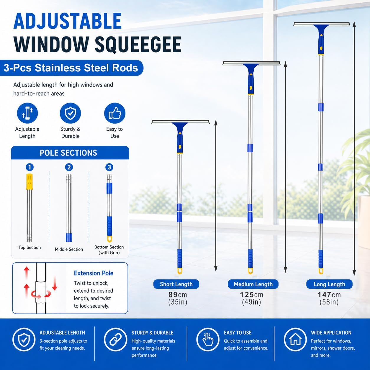 Window Washing Kit with Extension Pole, 10" Squeegee & 11" Microfiber Scrubber Combi with Stainless Steel Pole, Window Cleaner for Car, Sliding Door,Shower Glass Door-Swivel Style-2 Pads